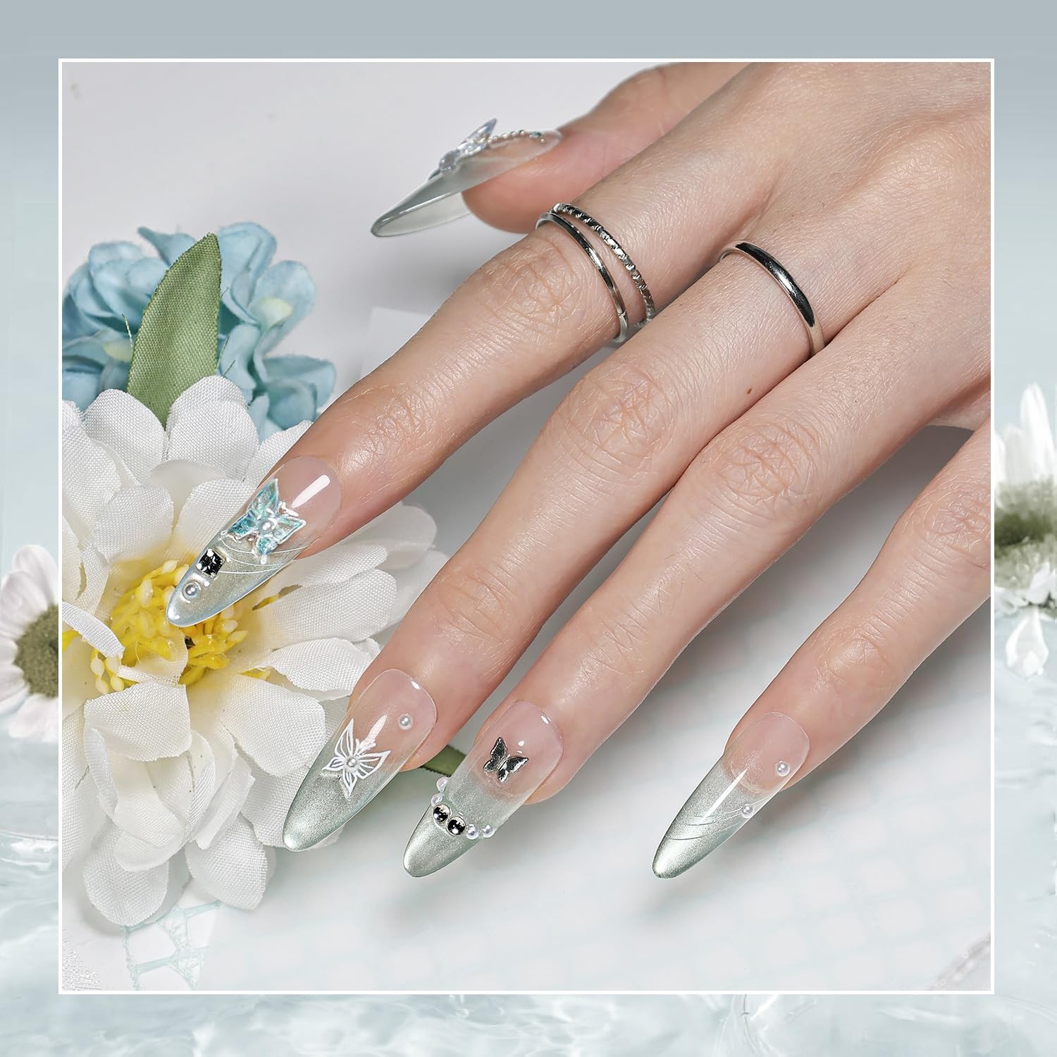 Press on Nails Butterfly Almond Shape Cat Eye Handmade 3D Fake Nail Tips Reus…