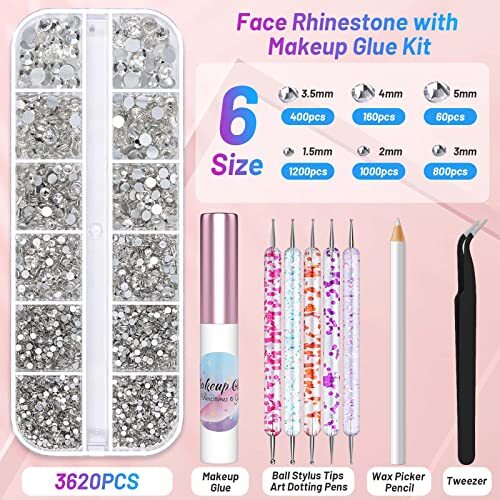 3600Pcs Gems Rhinestones with Makeup Glue, Tweezers Dotting Tools for B.clear