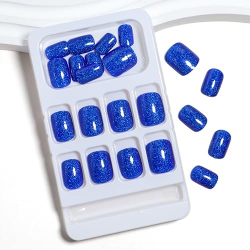 Royal Blue Press on Nails – Glitter Short Square Fake Nails – False Style5