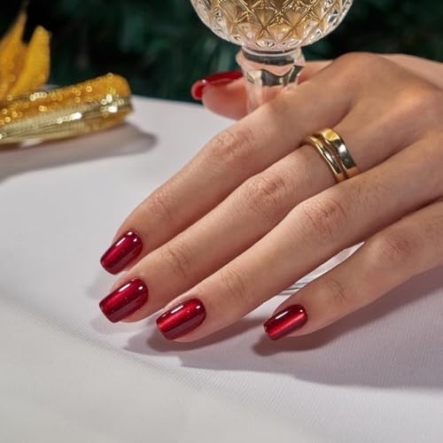 Red Cat Eye Press on Nails Square Fake Nails Bling Glitter Design Short Style-9