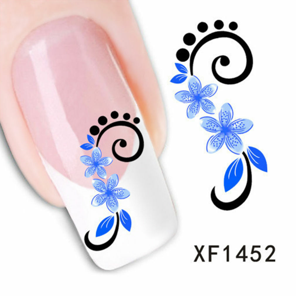 Nail Art Water Transfer Sticker Decal Stickers Pretty Flowers Blue Black XF1452