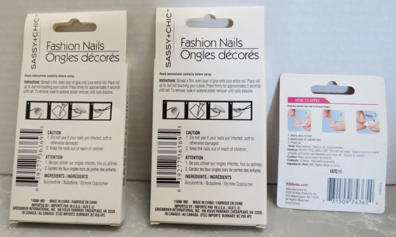 2 Packs 12pc Sassy+Chic Fashion Nails & 1pk 20 Kiss Short Length Natural Nails