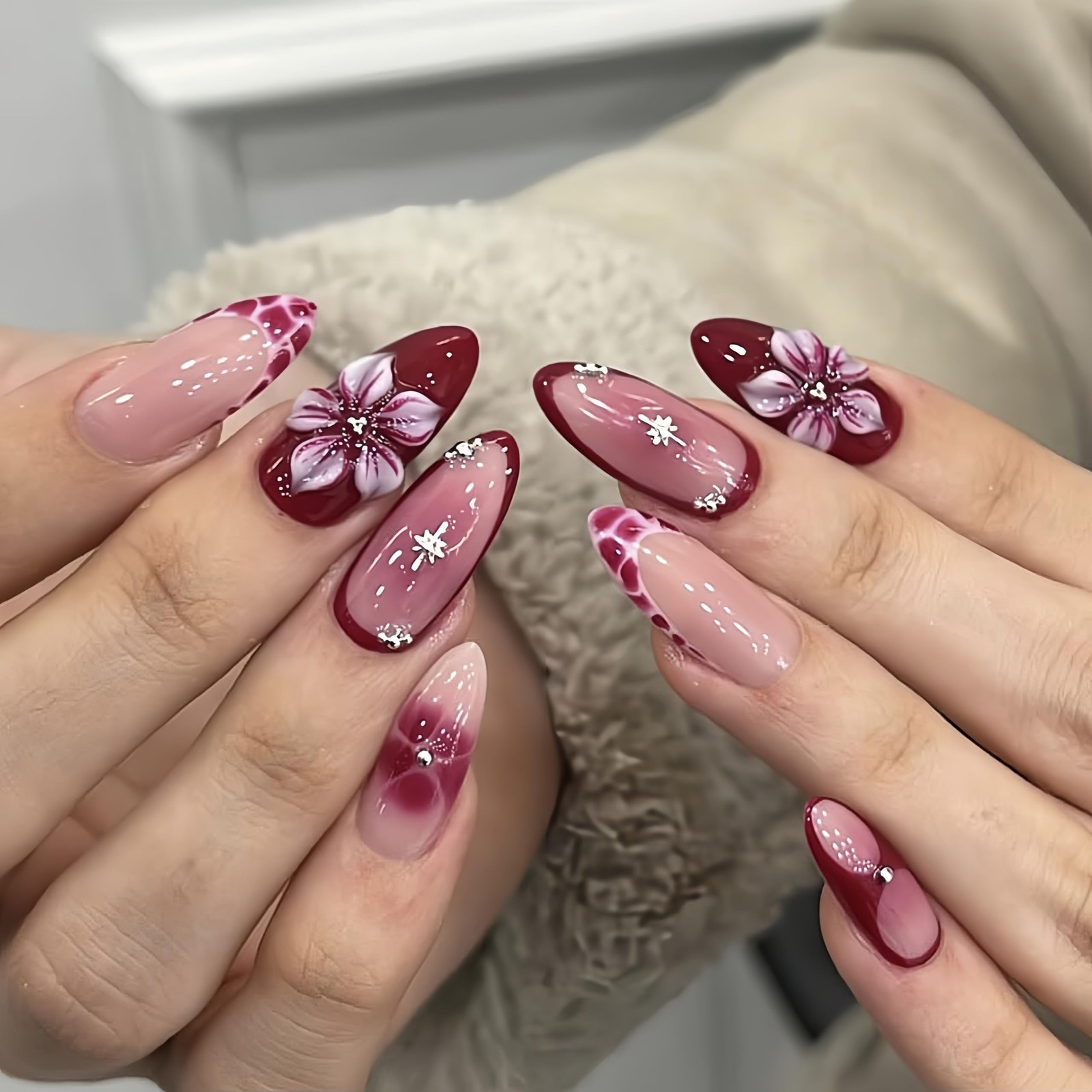 24Pcs 3D Flower French Tip Press on Nails Almond Fake Nails Burgundy Gradient…
