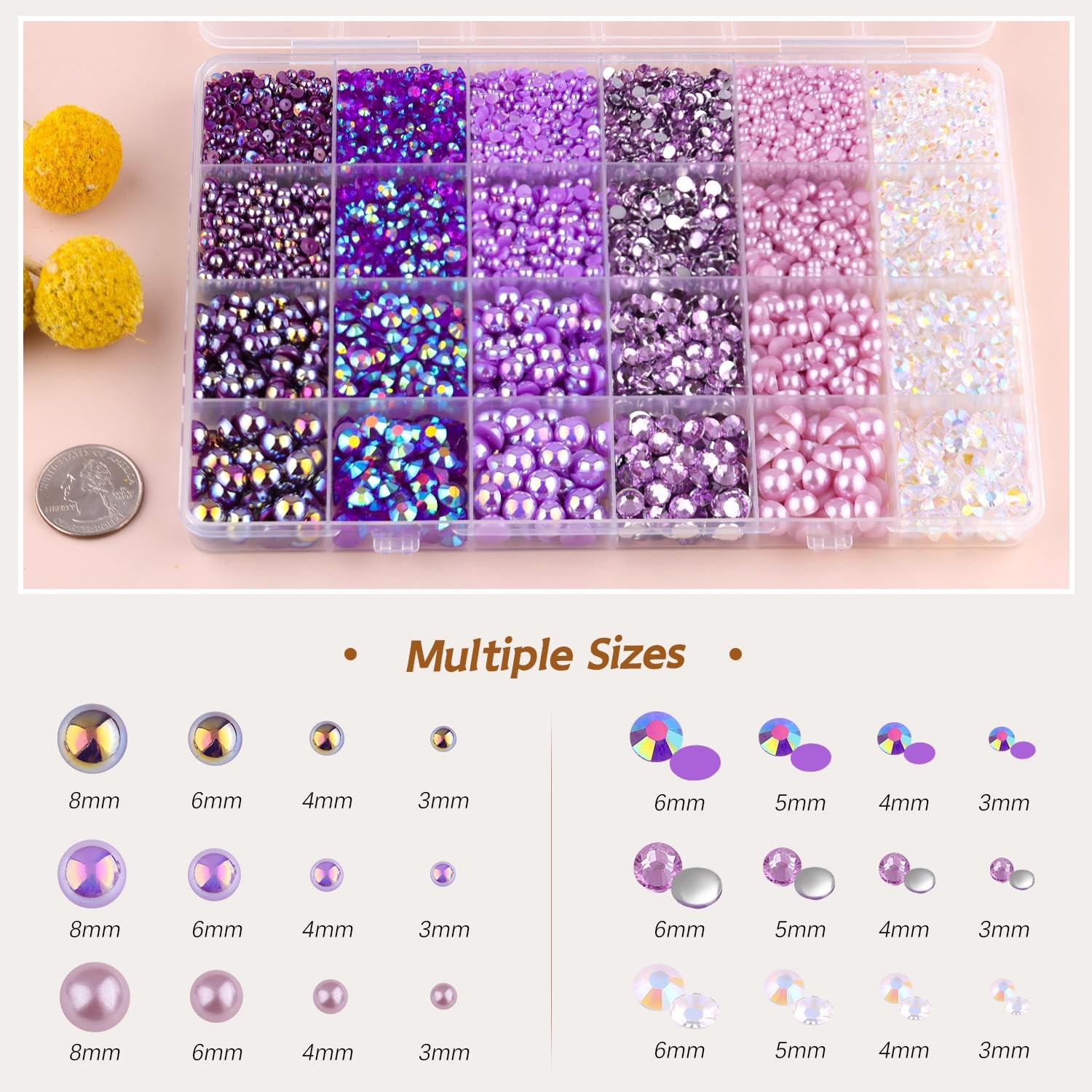 9000PCS Flatback Pearls and Rhinestones for Crafting, Purple 3-10mm Resin Rhi…