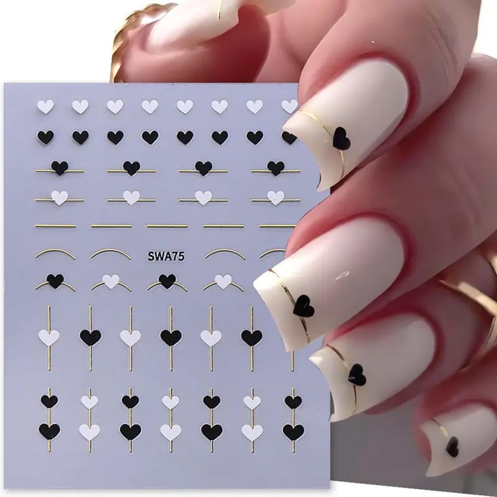 4Pcs Valentine’s Day Nail Art Stickers Hearts Nail Decals Glossy Metallic Gol…