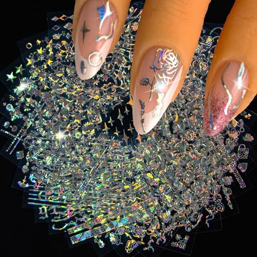 60 Sheets Holographic Nail Art Stickers for Girls Women’s Laser Aurora Silver