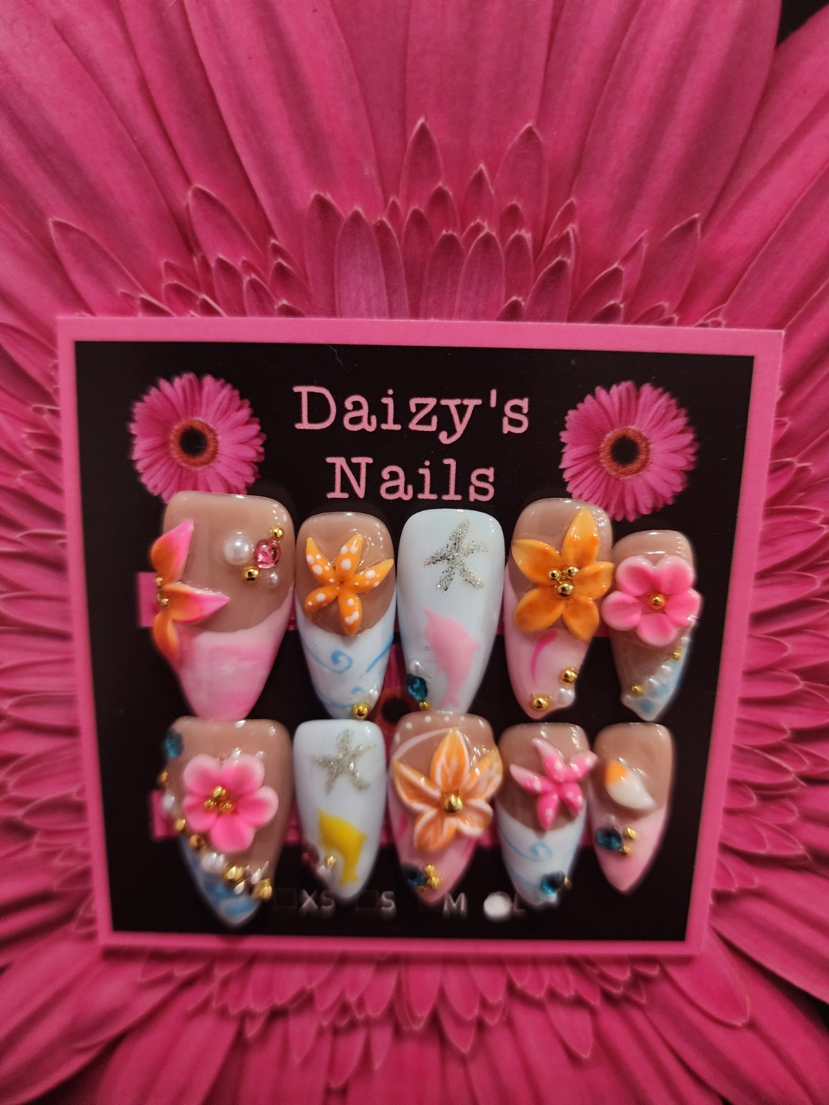 Large Size Tropical Beach 3D Press-on Nail Set Handmade Almond 2.5 Cm Length