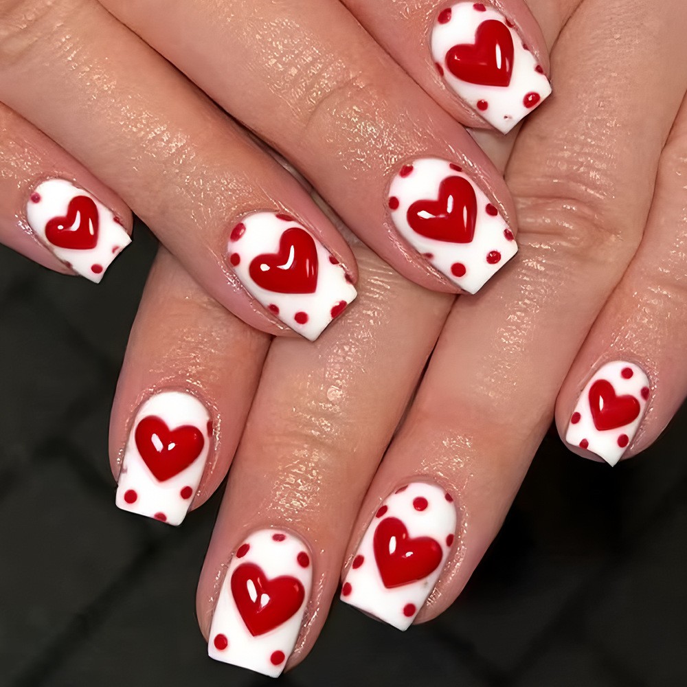 24pcs White/Red Polka Dot 3D Heart Press-On Nails. Waterproof, Reusable Gift.