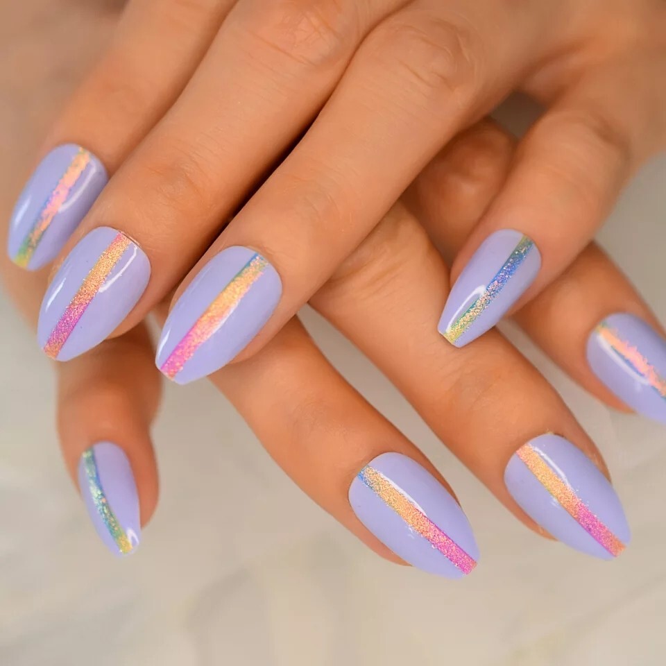 24 Purple Holographic Press On Nails w/ Glue glitter rainbow bright light purple