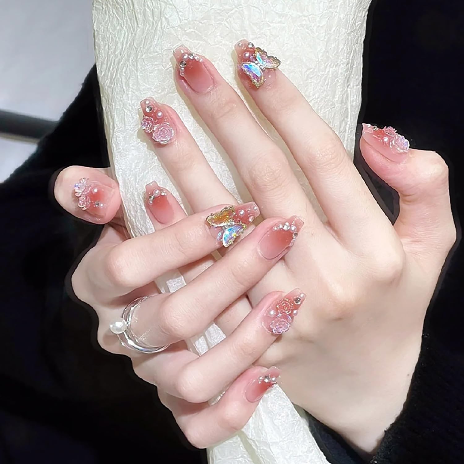 French Tip Press on Nails, 24 Pcs Medium Square Acrylic False Nails with Butt…