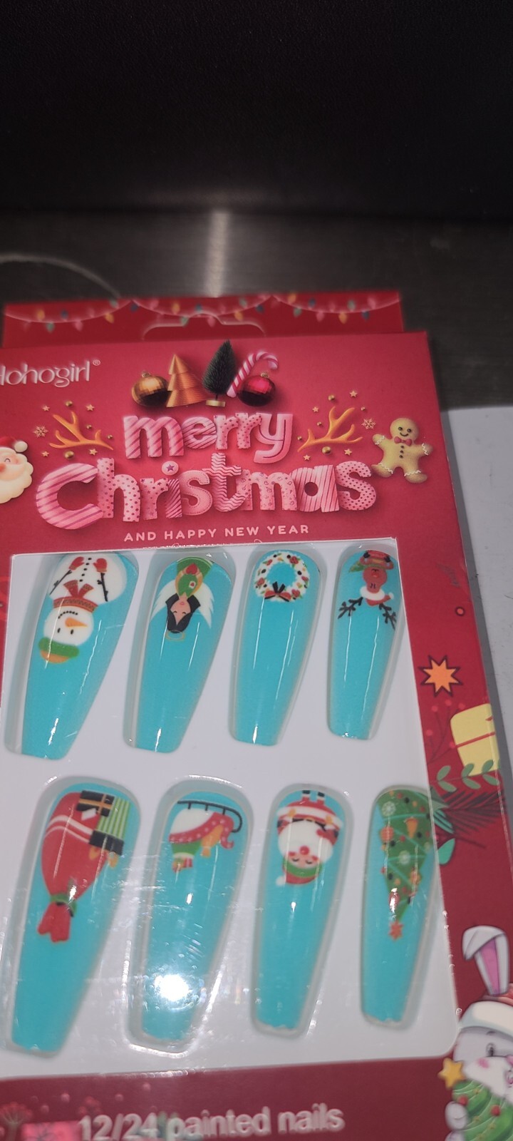 Christmas Press on Nails Medium Coffin Fake Nails with Christmas Tree Design Gli