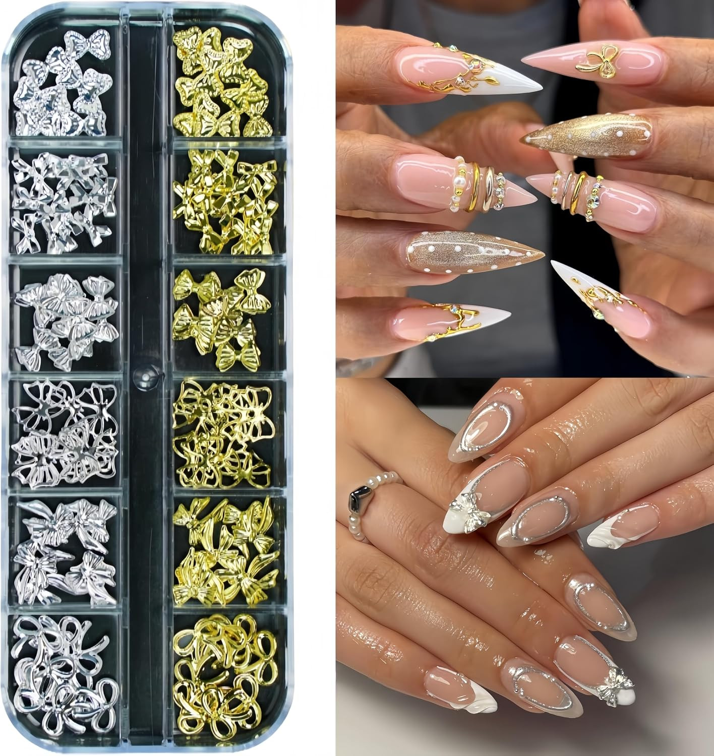 1Box Gold Sliver Bow Nail Charms 12 Designs Assorted 3D Metal Bow Nail Rhineston