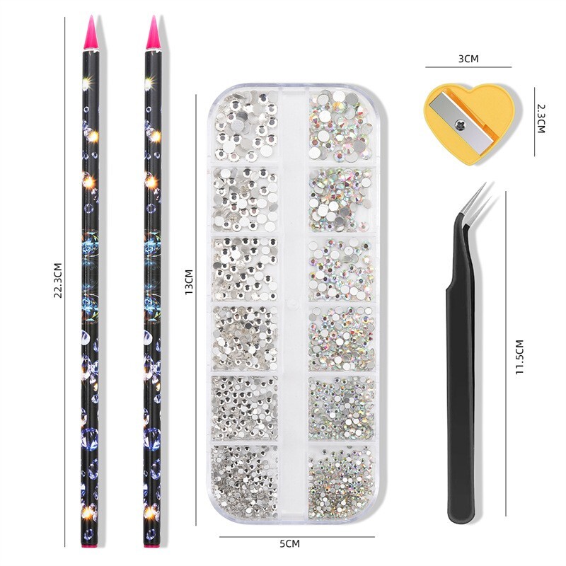 12 Grids Nail Art Rhinestones Kit + Pick up Pen + Tweezers for Nail Art Decorati