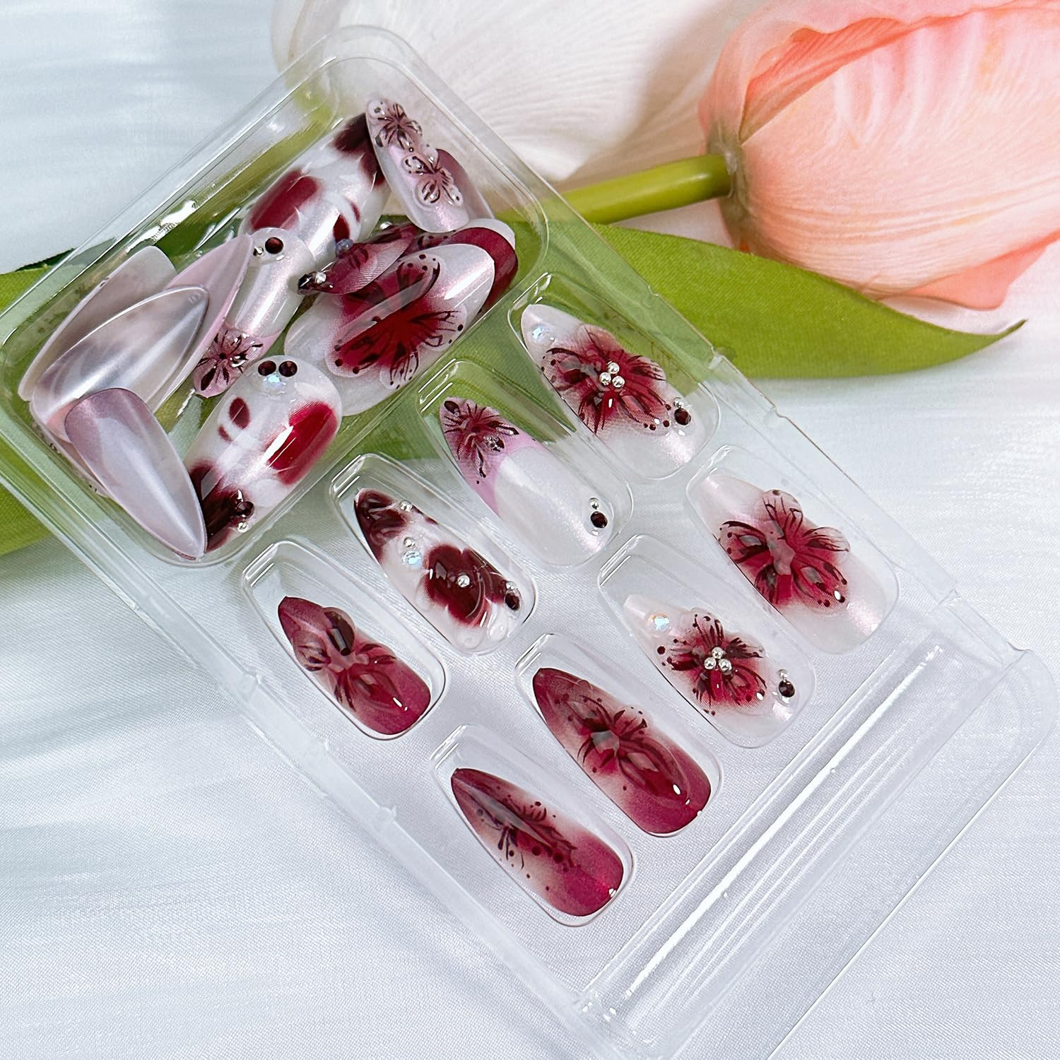 24Pcs Purple Press on Nails Medium Almond Fake Nails with Rhinestones Stick on N