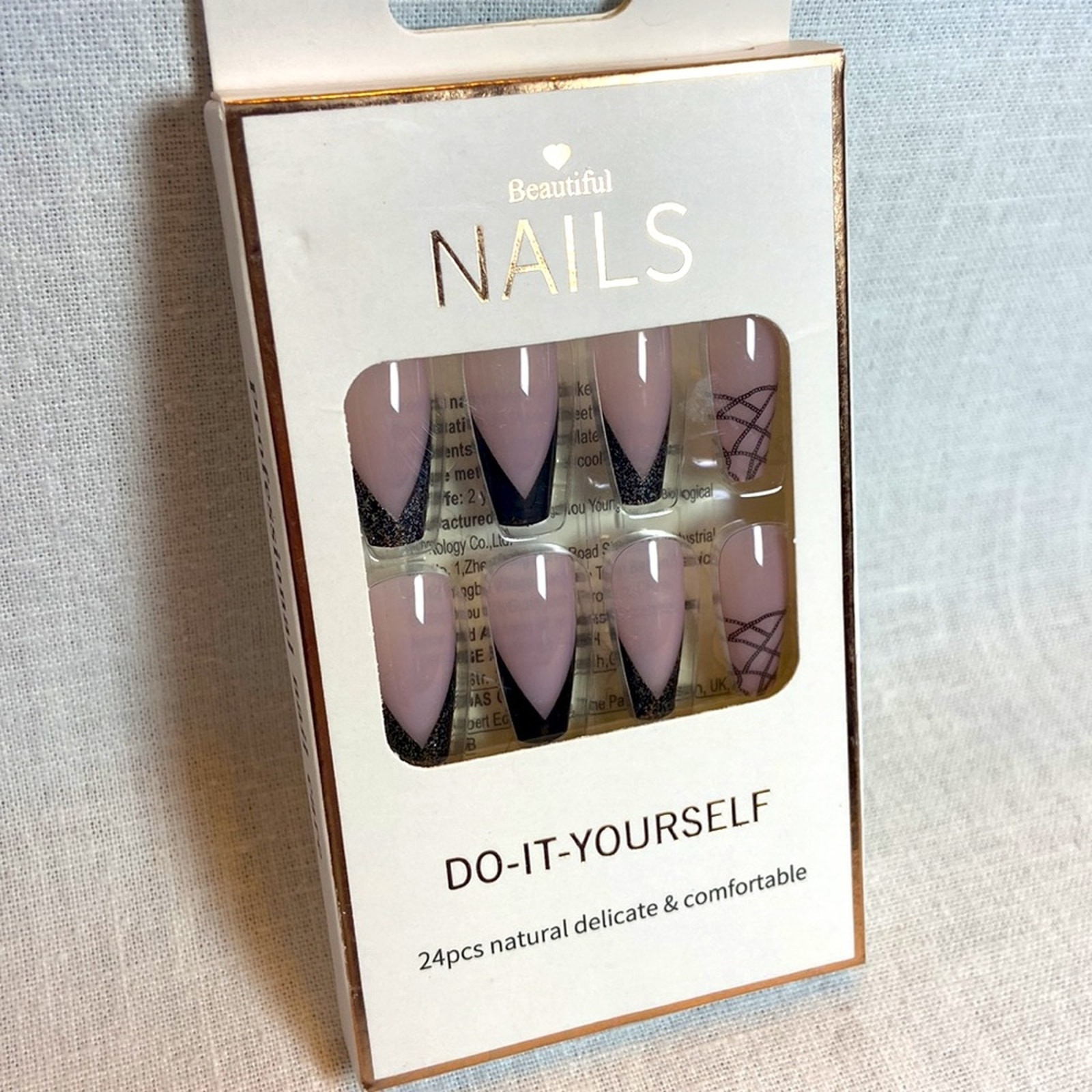 Fishnet Bling Press On Nails 25 Pc Pink Black Silver Sparkle Long Coffin w/Glue