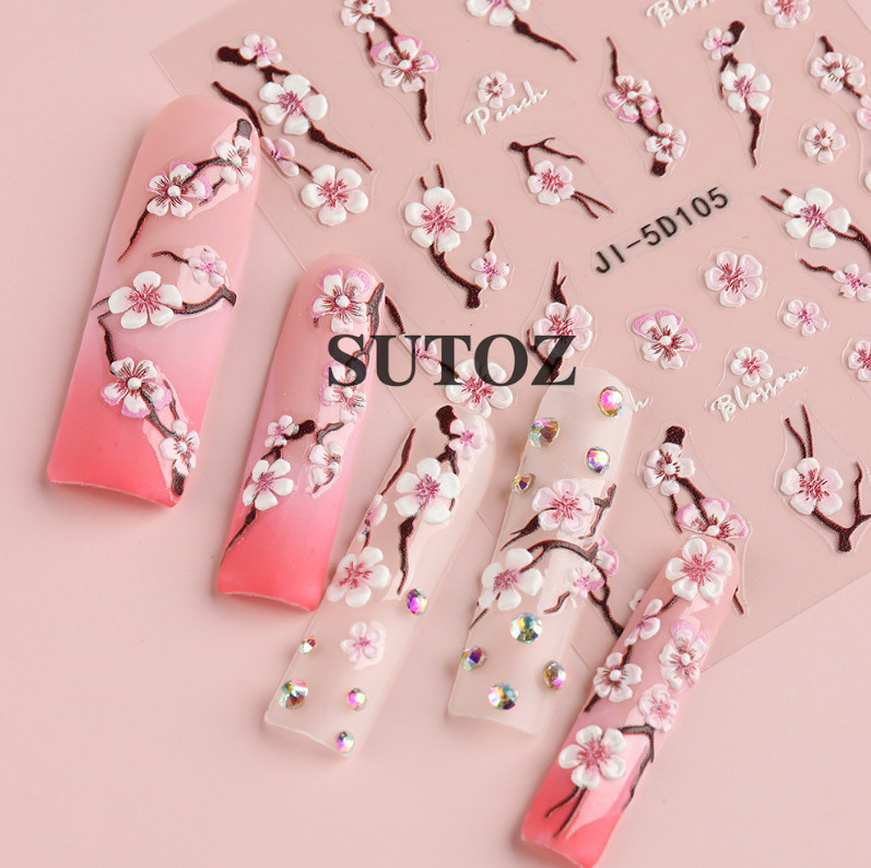 5D Embossed Pink Cherry Blossom Flowers Decal Nail Stickers Sliders JI5D104/105