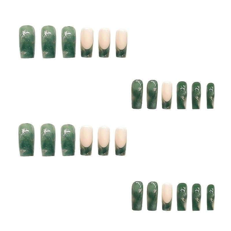 48 Cool Jade Gold Foil Fake Nails – Removable Fake Nail Art, Suitable for Women