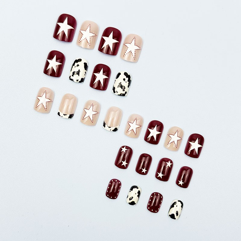 48 Pcs Red Cow Star Oval Press on Nails, Minimal Trendy Nude Daily Fake Nails
