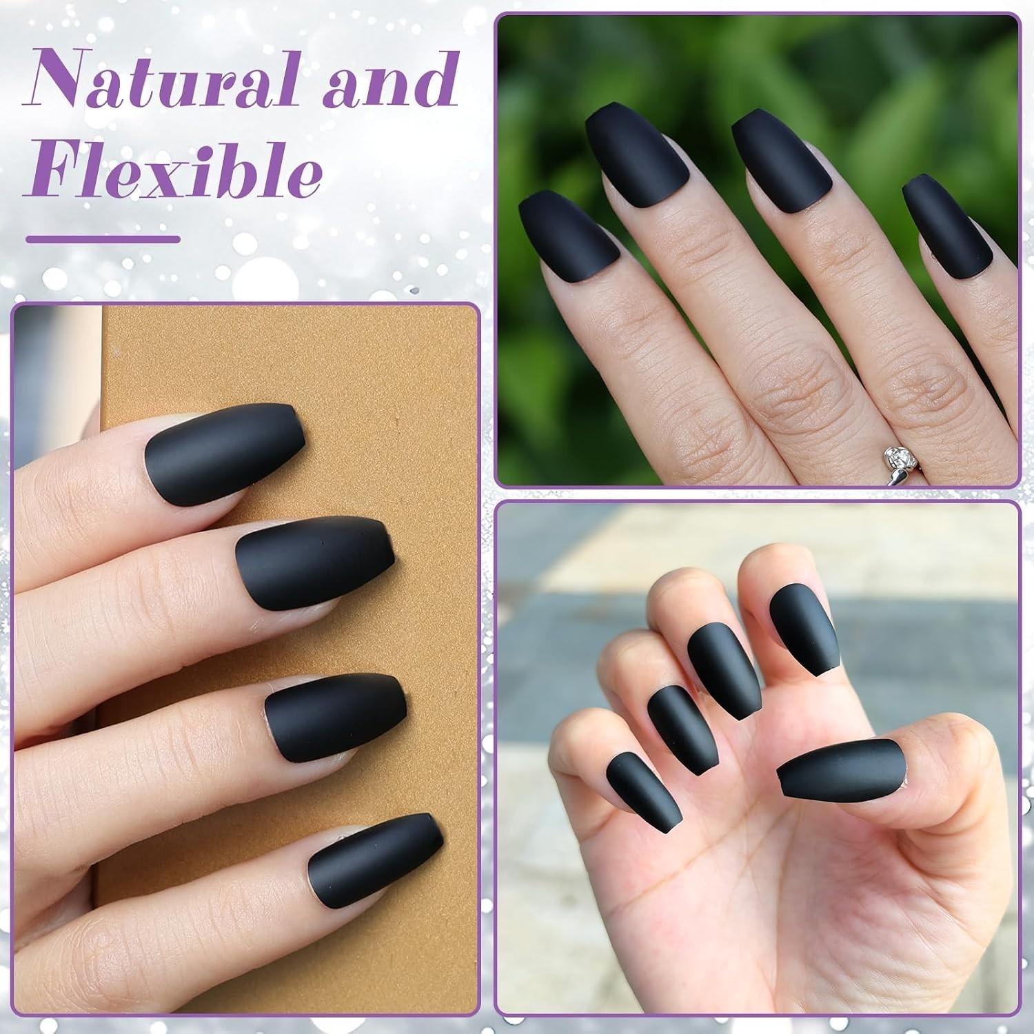 Glamorous 24PCS Acrylic False Nails – Black Matte Finish for Easy Application