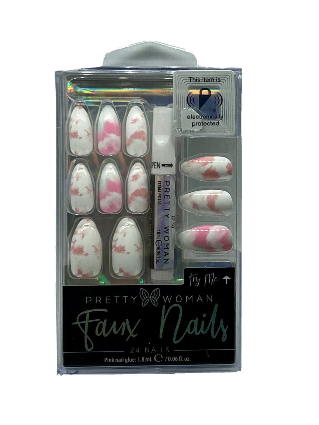 Pretty Woman Nails Glue On Pink & White Medium Length Almond Shape 24 Nails