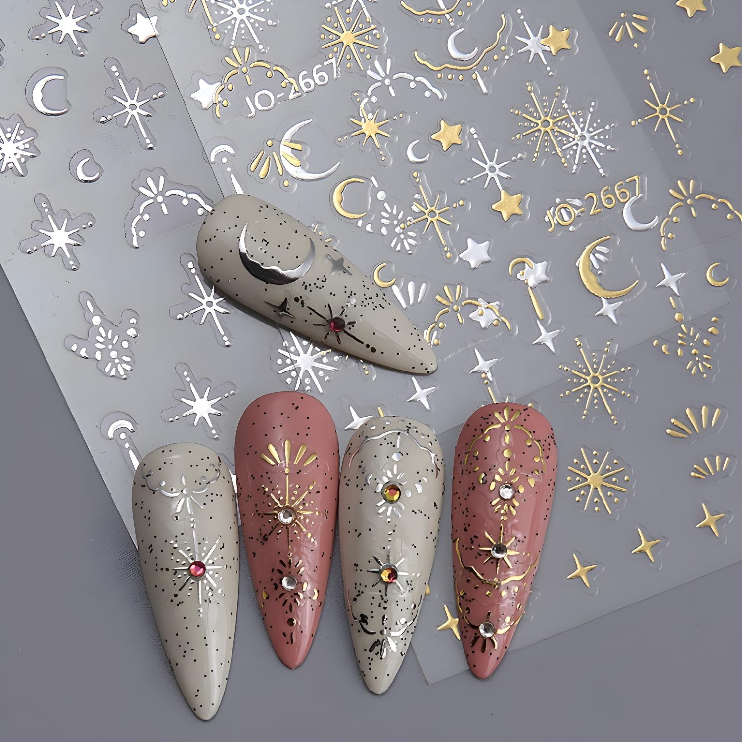 12 Sheets Silver Gold Moon Star Nail Art Stickers – 3D Self Gold Silver Star
