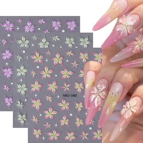 5 Sheets Flowers Nail Art Stickers Decals 5D Embossed Self-Adhesive Lily