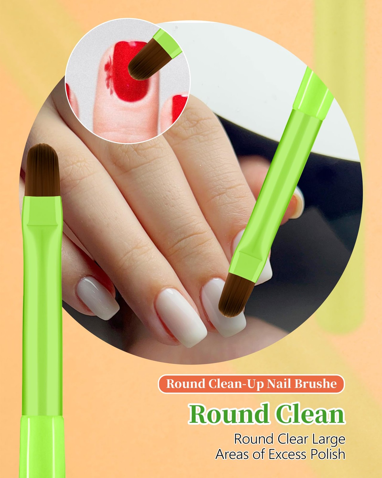 3PCS Nail Polish Clean Up Brush, Round&Falt&Angled Acetone Bright Green