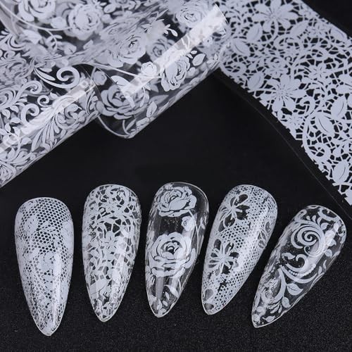 10 Rolls Nail Art Foil Transfer Sheets, Lace Nail Foil Decals Starry White Lace