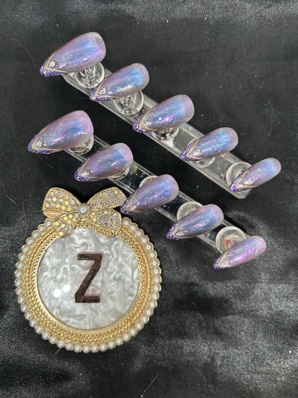 Z NAILZ! Handmade M Stiletto Jelly Purple Ombre’ With Stones/glitter Press Ons