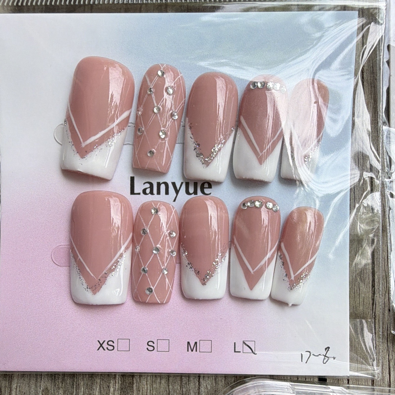 Press-On Nails Pink Nude White Glitter 3D Floral Long Square lot of 7 Large
