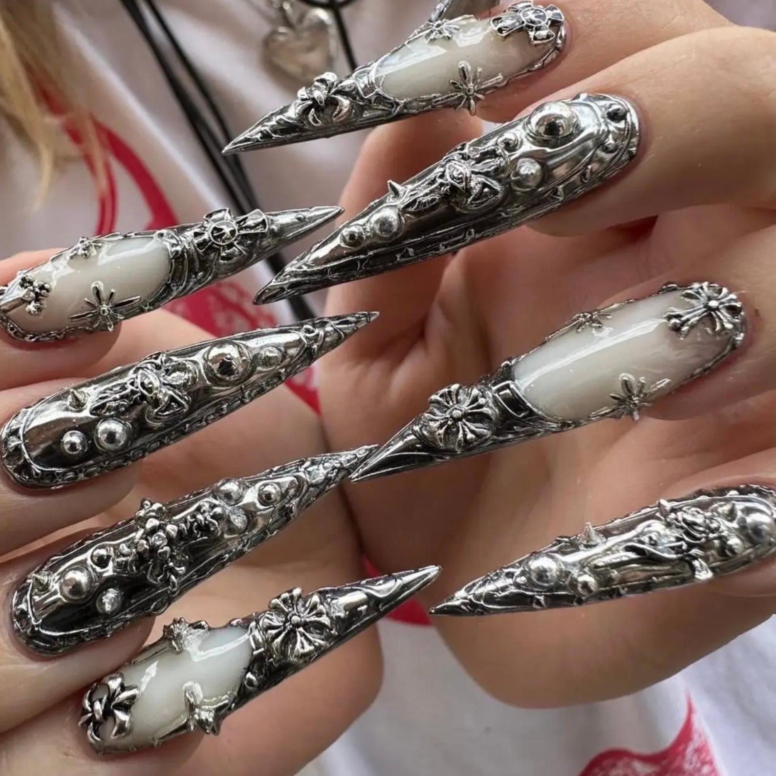 Handmade Gothic Silver Cross Metal Charms Long Stiletto Press on Nails