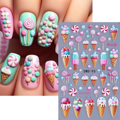Summer Nail Art Stickers 5D Embossed Ice Cream Cone Nail Stickers 3D Color-02