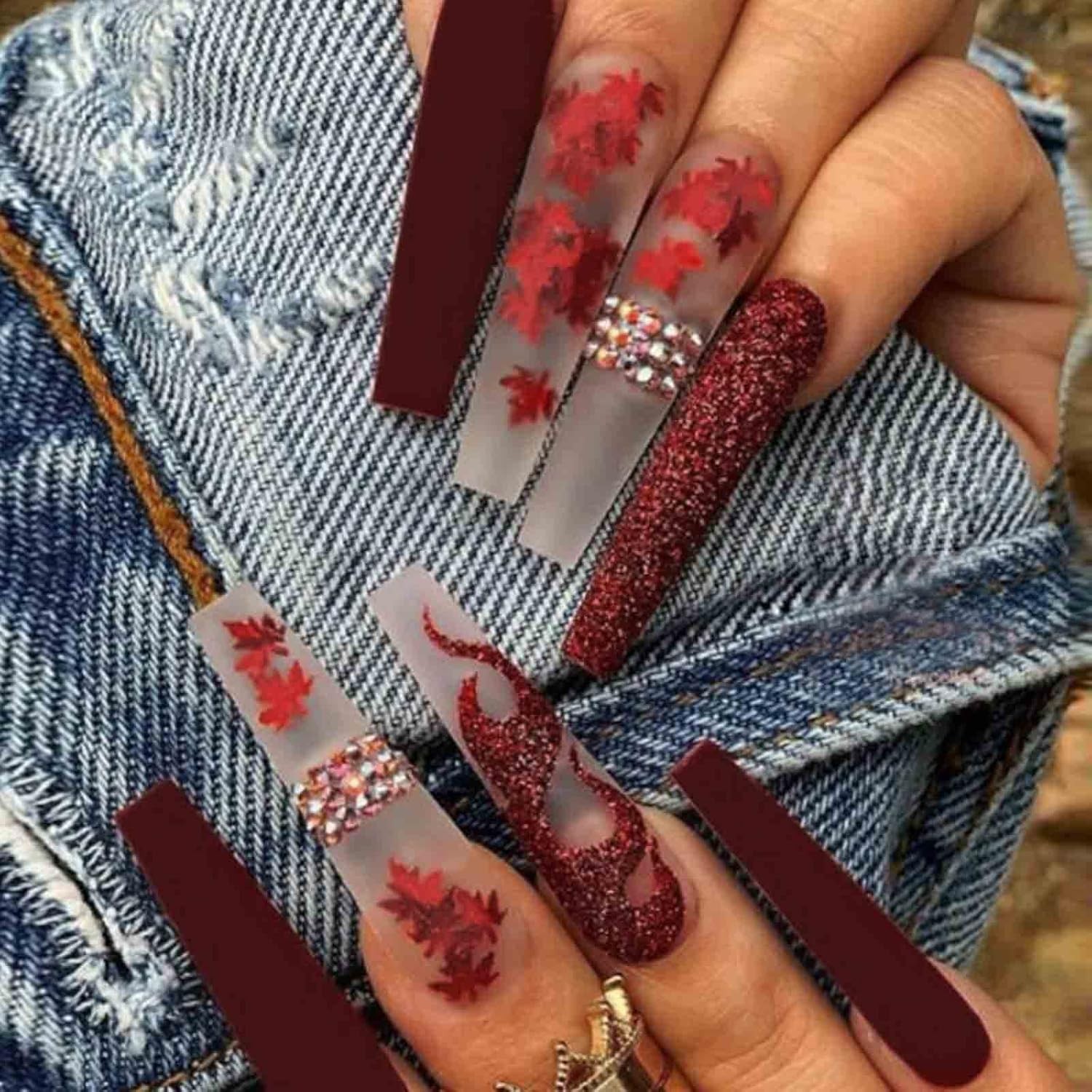 Hkanlre Red Coffin Long Fake Nails Bling Rhinestones 24PCS for Women & Girls