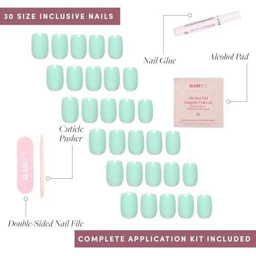 Press On Nails – | Short Squoval Light Blue Fake Nails with Glossy Soft Teal