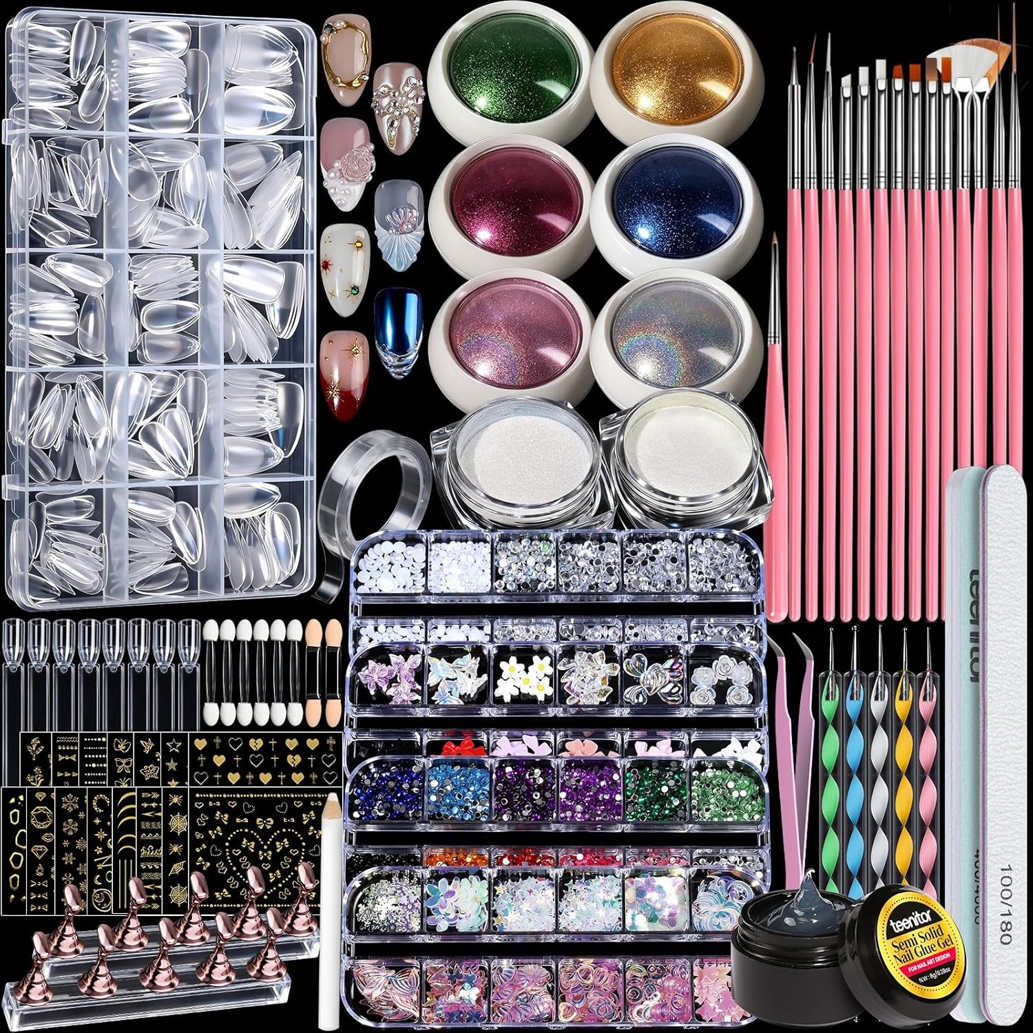 Teenitor Nail Kit: Chrome Powder, Almond Tips, 3D Gel, Tools – Beginner