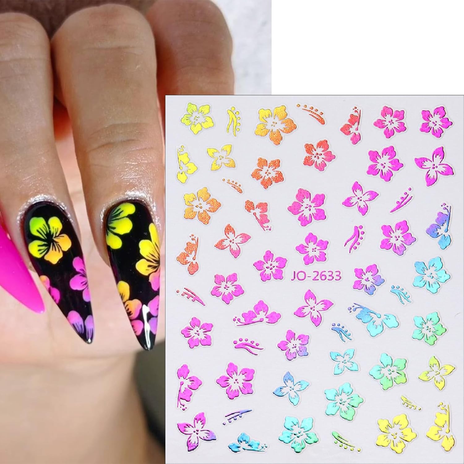 8Sheets Color Flower Nail Stickers 3D Hollow Out Hibiscus Nail colored flowers