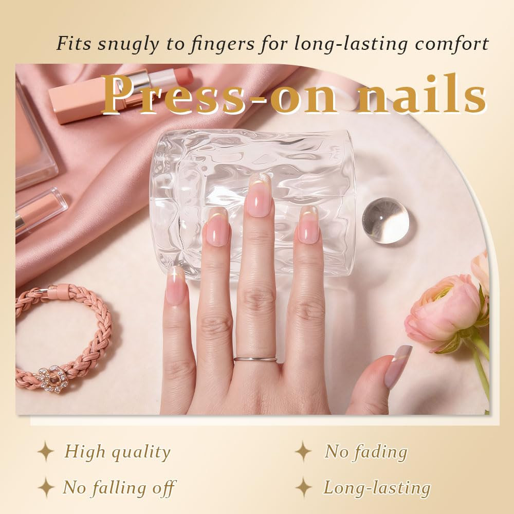 French Tip Medium Squoval (24 Count) Nude Pink + Gold Line & Cat Eye Tips