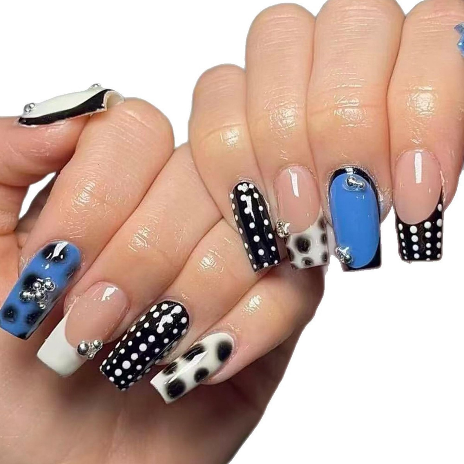 Press on Nails Medium Square – Black White Polka Dot French Tip 3D Metallic C…