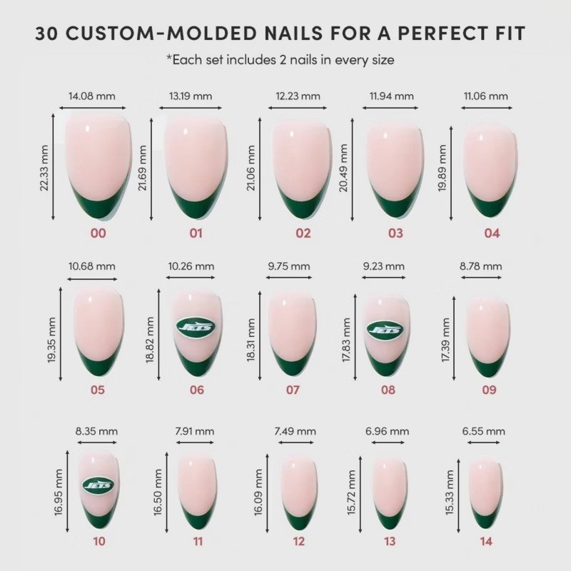New York Jets Press-On Nails: Almond Shape, Gloss Finish, 30 Pieces