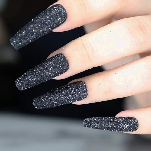 Press on Nails – Long Coffin Fake Nails with Bling Glitter, Glitter05Black