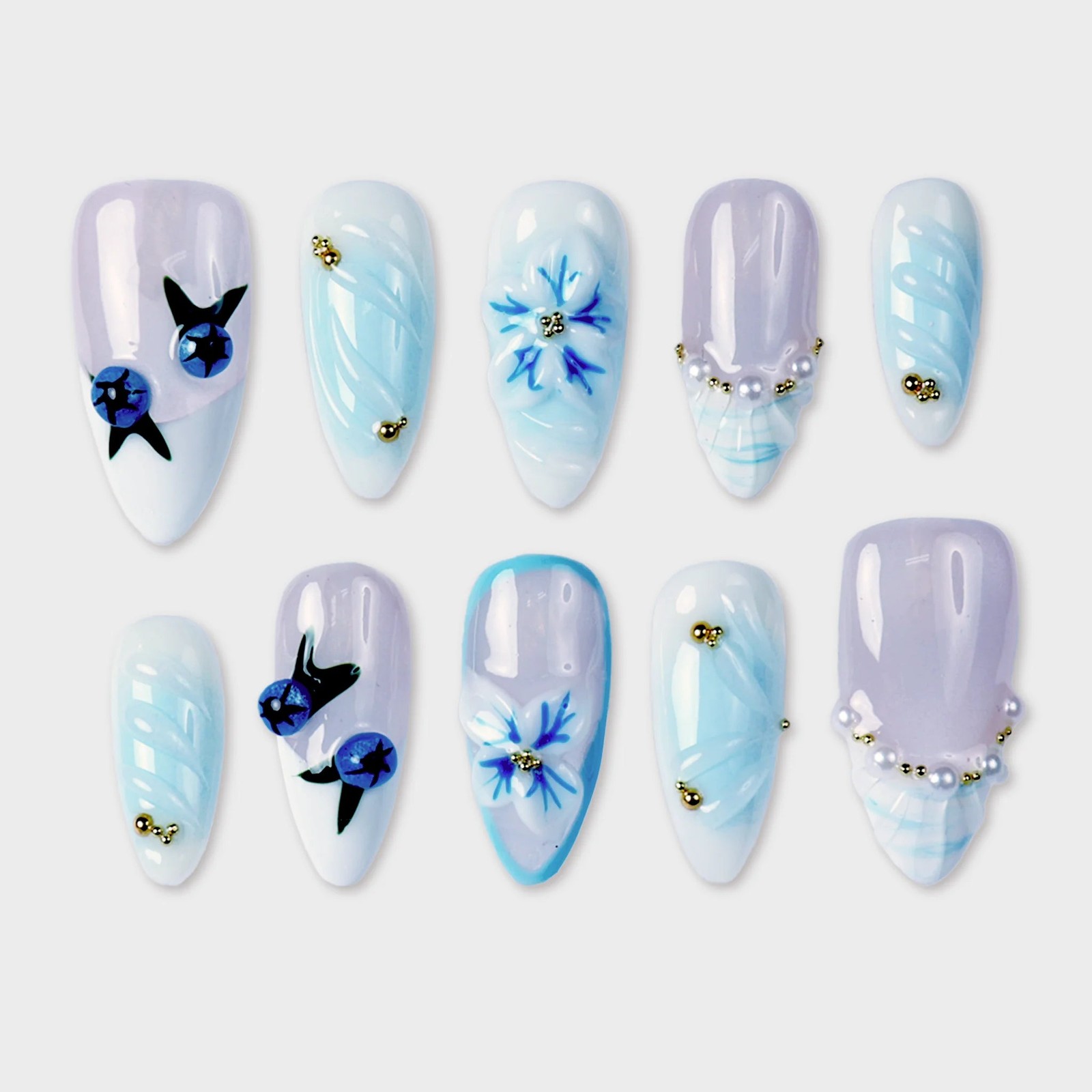 SIYOU Ink & Frost Medium Almond Pearl Press-On Nails 10pc
