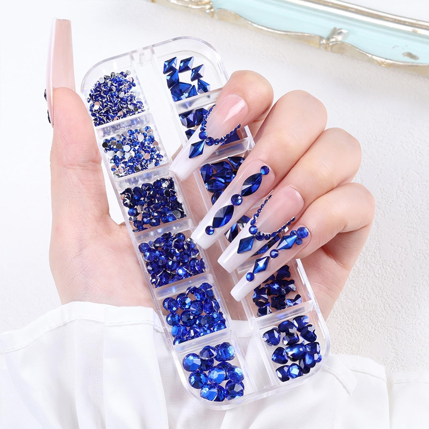 Blue Nail Art Rhinestones: 12 Grids, Multi-Shape, Flatback Gems for Acrylic