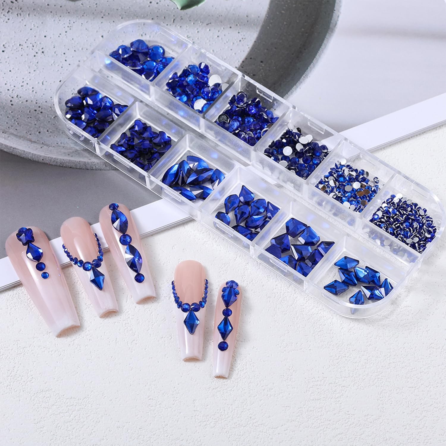 Blue Nail Art Rhinestones: 12 Grids, Multi-Shape, Flatback Gems for Acrylic