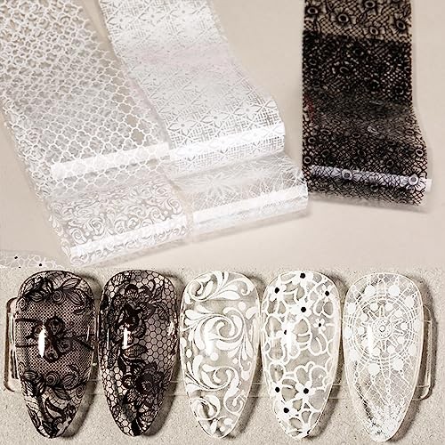 20 Rolls Lace Nail Foil White and Black Nail Transfer Foil Flower Black&white