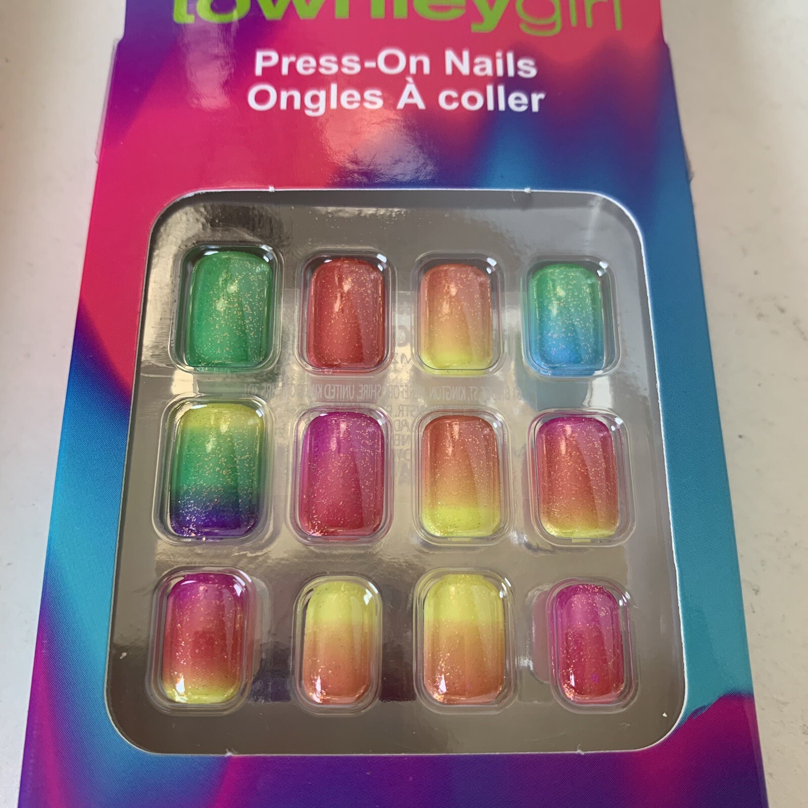 Press On Nails Glow in the Dark Rainbow 2 Boxes Child Size Ages 6+ Townley Girl