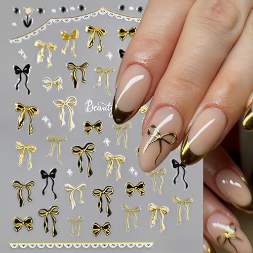 8pcs Black Gold Bow Nail Art Stickers – Colorful Bowknot Ribbon Nail bowknot