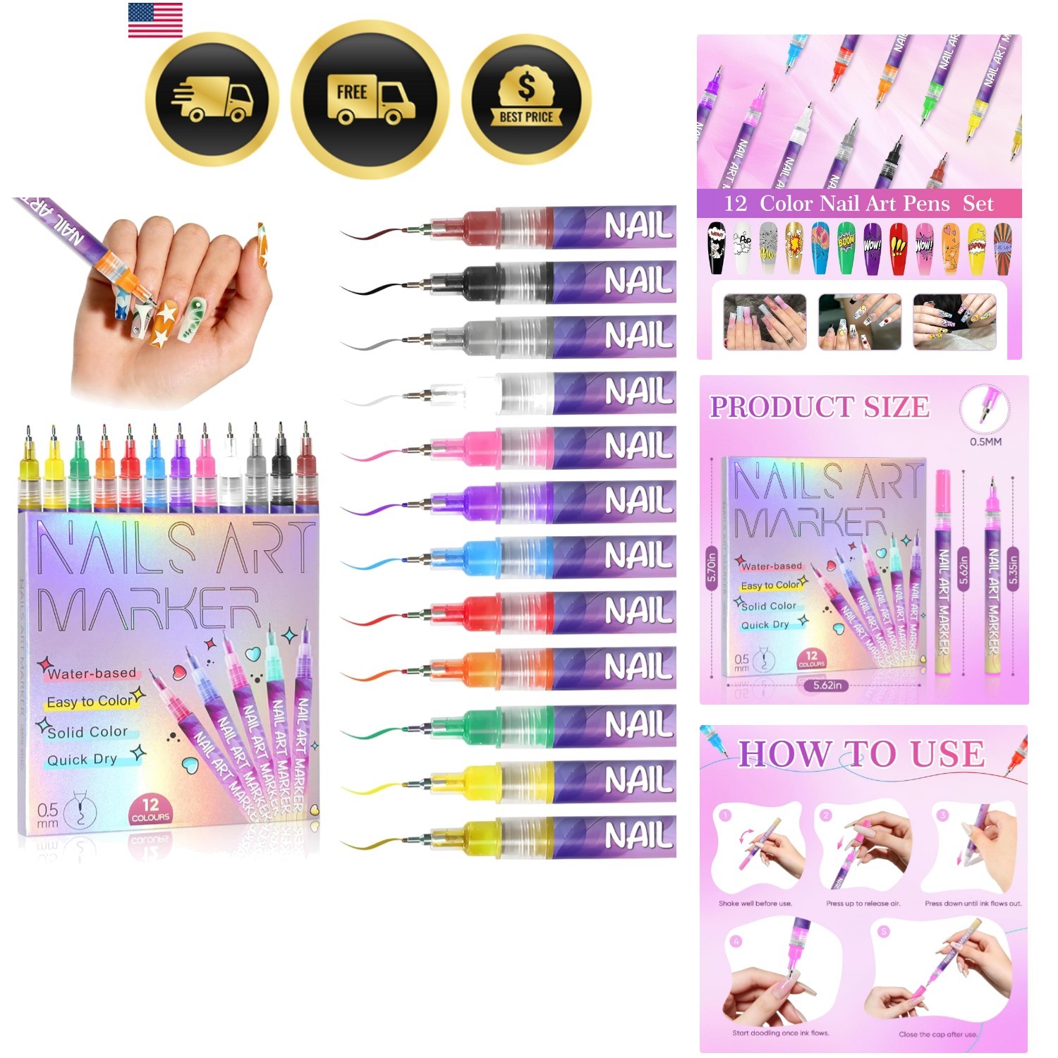12 Colors Nail Art Marker Pens Set, Nail Markers for Nail Art, Suitable for N…