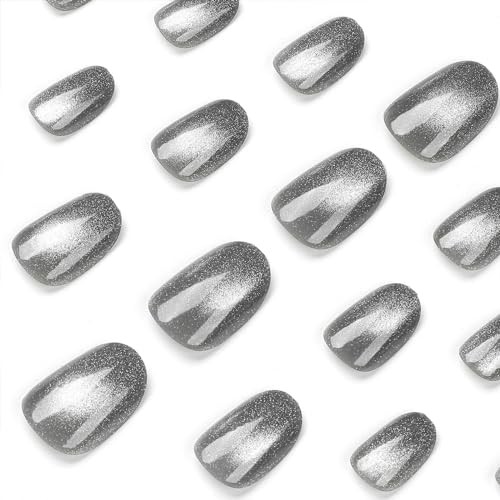 Press on Nails Short Oval Acrylic Nails Press ons Fake Nails with Cat Eyes Grey