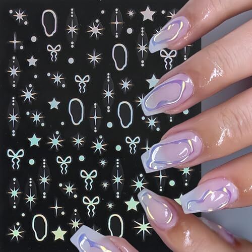 8 Sheets Star Nail Art Stickers Decals 3D Gold Silver Purple Laser Star Bow