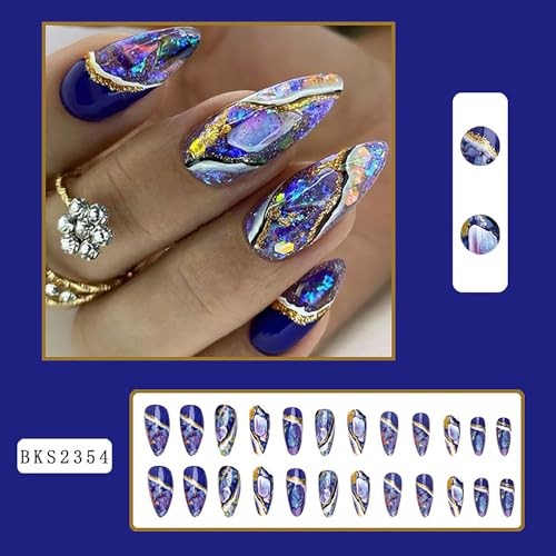 Press on Nails Almond Medium Artificial Acrylic Fingernails Gold Blue Star Sky